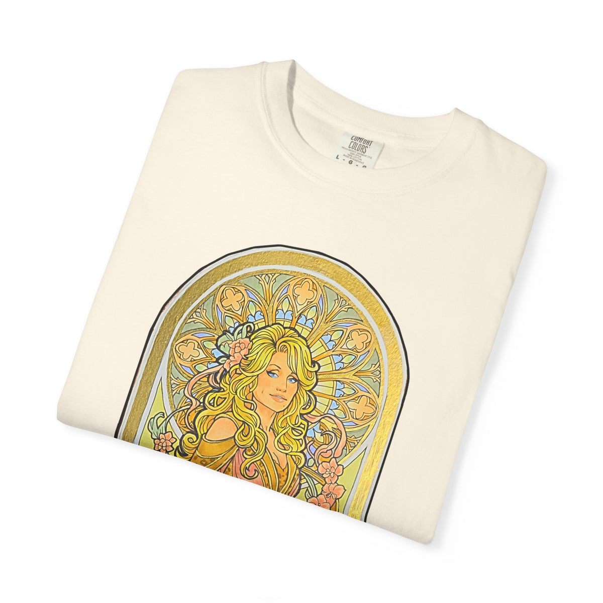 Art Nouveau goddess T-shirt: flower-crowned woman in a pink gown in a stained-glass arch