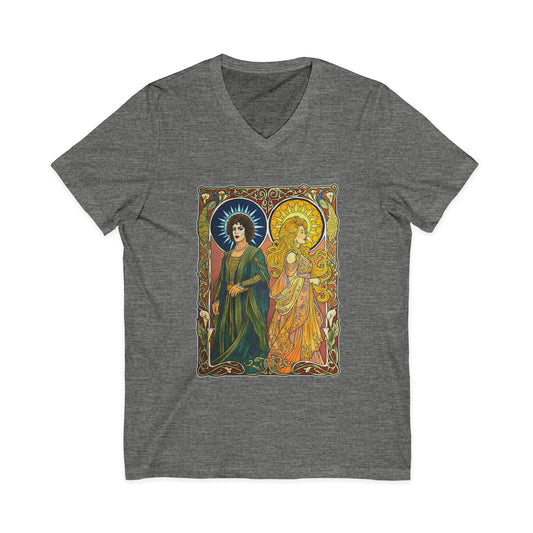 Sun and Moon Saints V-neck tee with two haloed saints in green and gold robes printed on the chest