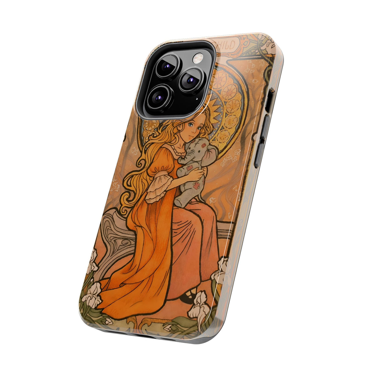 Inner Child tough phone case: girl in an orange dress holding a small gray elephant under a golden halo