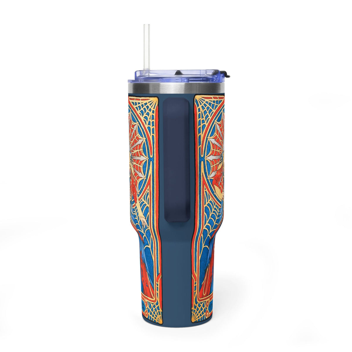 40oz tumbler with King of Swords tarot art: silver-haired figure in a red and blue gown, spiderweb halo