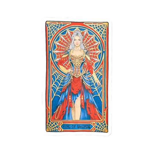 King of Swords tarot kiss-cut sticker: silver-haired figure in a red and blue gown with a spiderweb halo