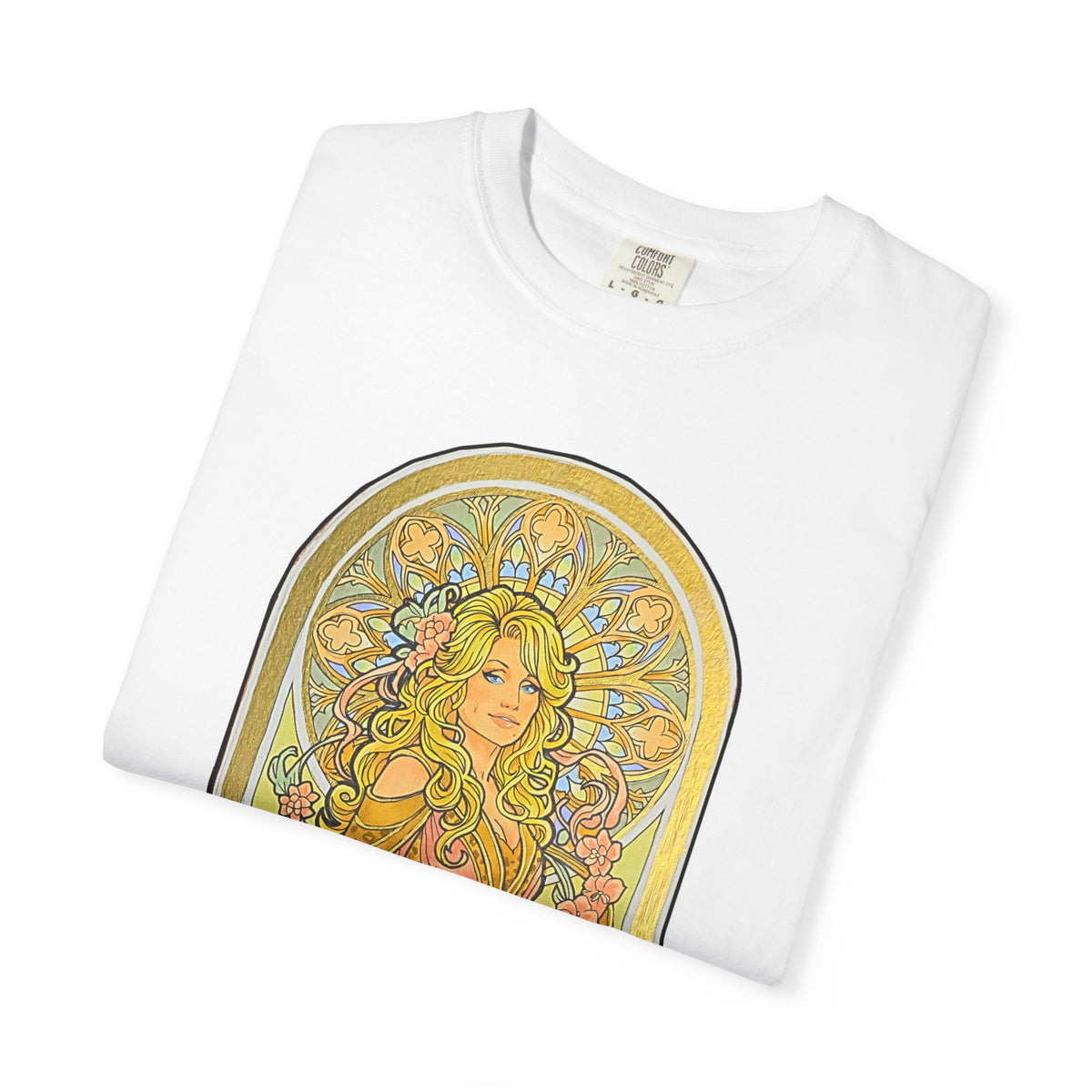 Art Nouveau goddess T-shirt: flower-crowned woman in a pink gown in a stained-glass arch