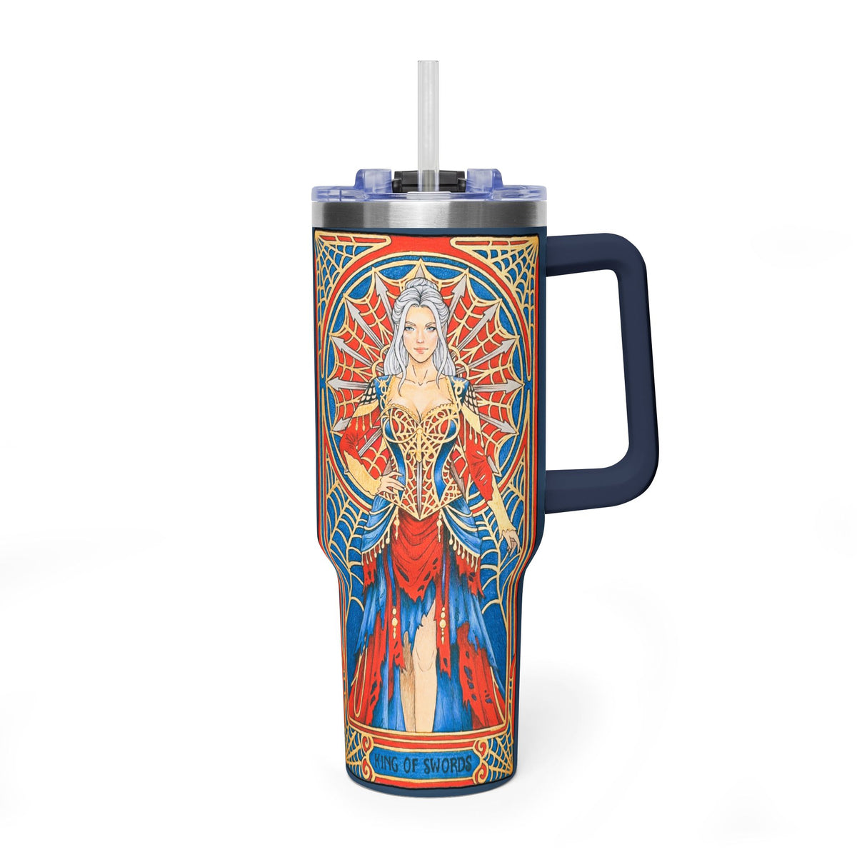 40oz tumbler with King of Swords tarot art: silver-haired figure in a red and blue gown, spiderweb halo