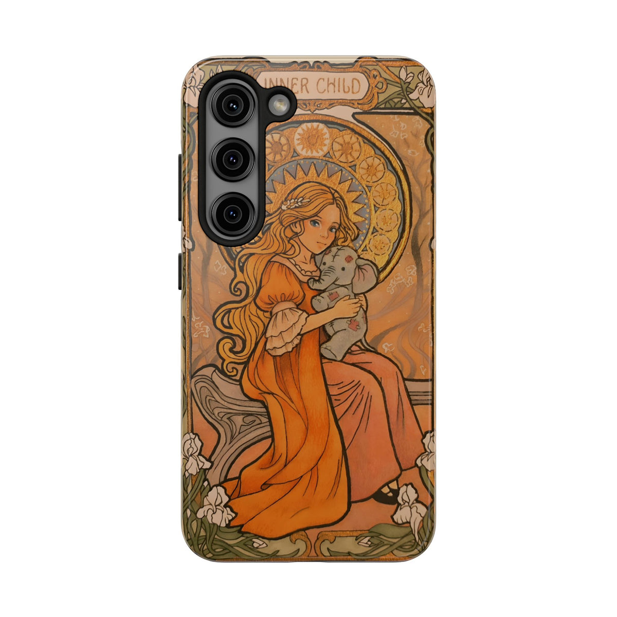 Inner Child tough phone case: girl in an orange dress holding a small gray elephant under a golden halo