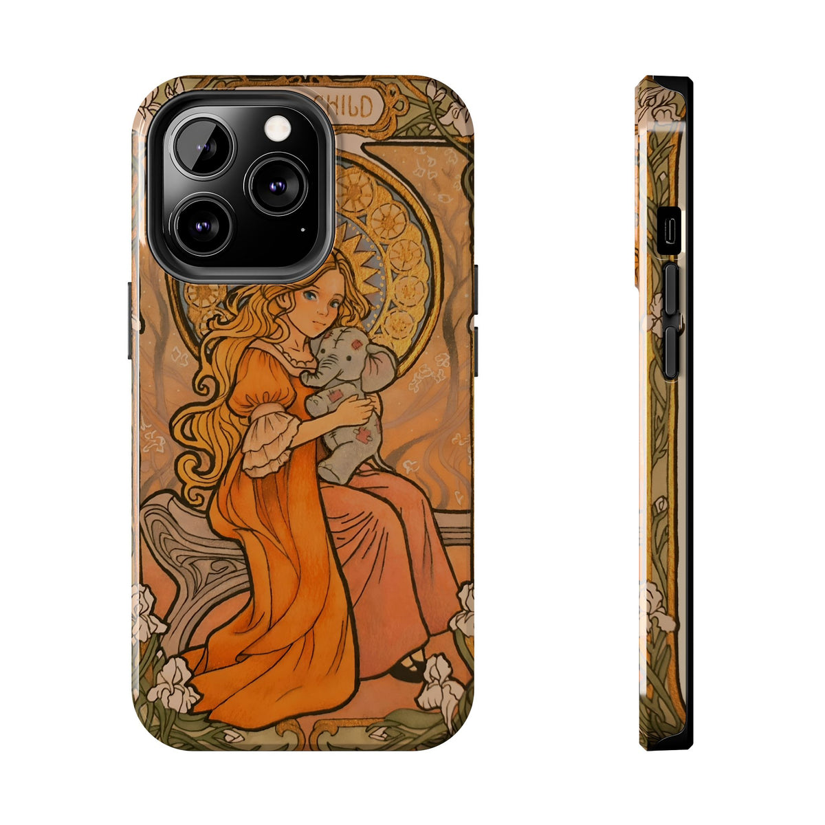 Inner Child tough phone case: girl in an orange dress holding a small gray elephant under a golden halo