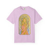 Art Nouveau goddess T-shirt: flower-crowned woman in a pink gown in a stained-glass arch
