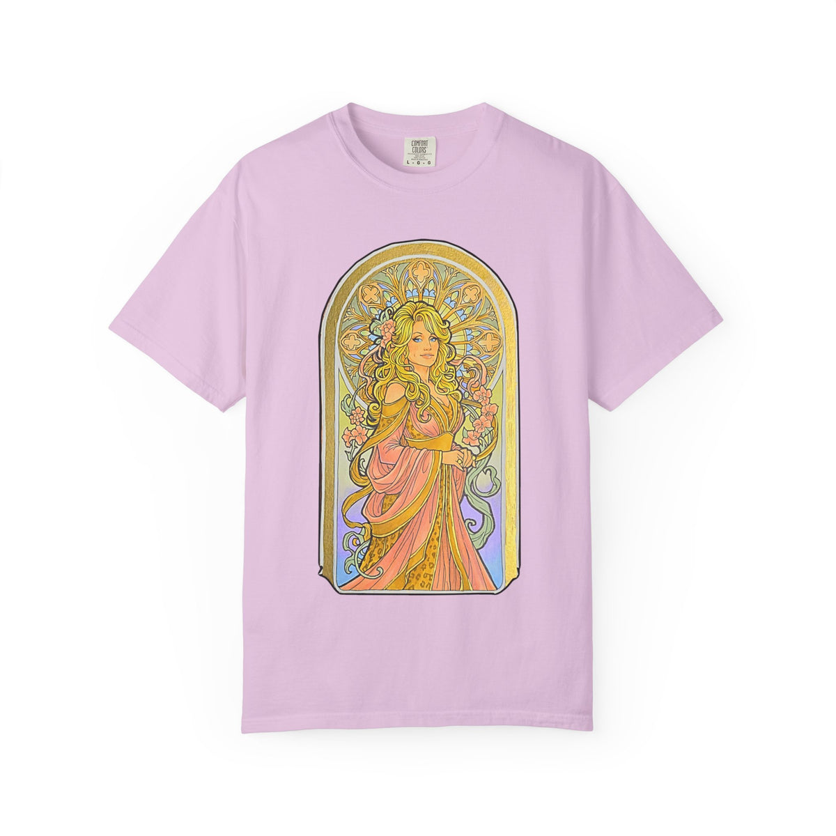 Art Nouveau goddess T-shirt: flower-crowned woman in a pink gown in a stained-glass arch