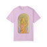 Art Nouveau goddess T-shirt: flower-crowned woman in a pink gown in a stained-glass arch