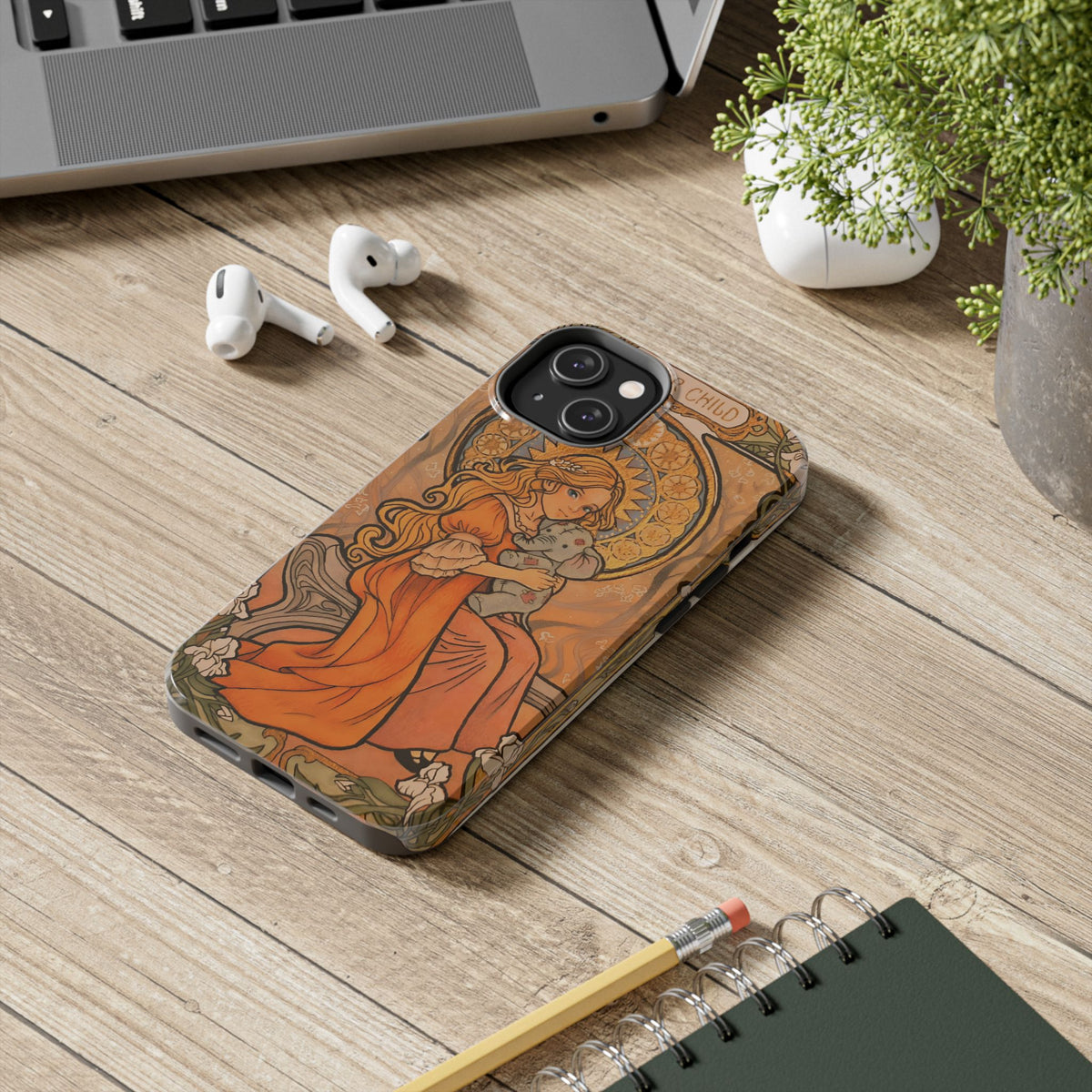 Inner Child tough phone case: girl in an orange dress holding a small gray elephant under a golden halo