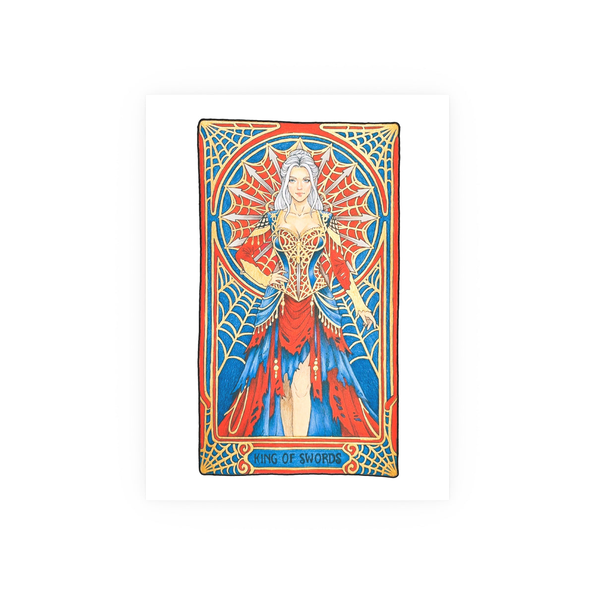 King of Swords tarot poster: silver-haired figure in a red and blue gown with a spiderweb halo