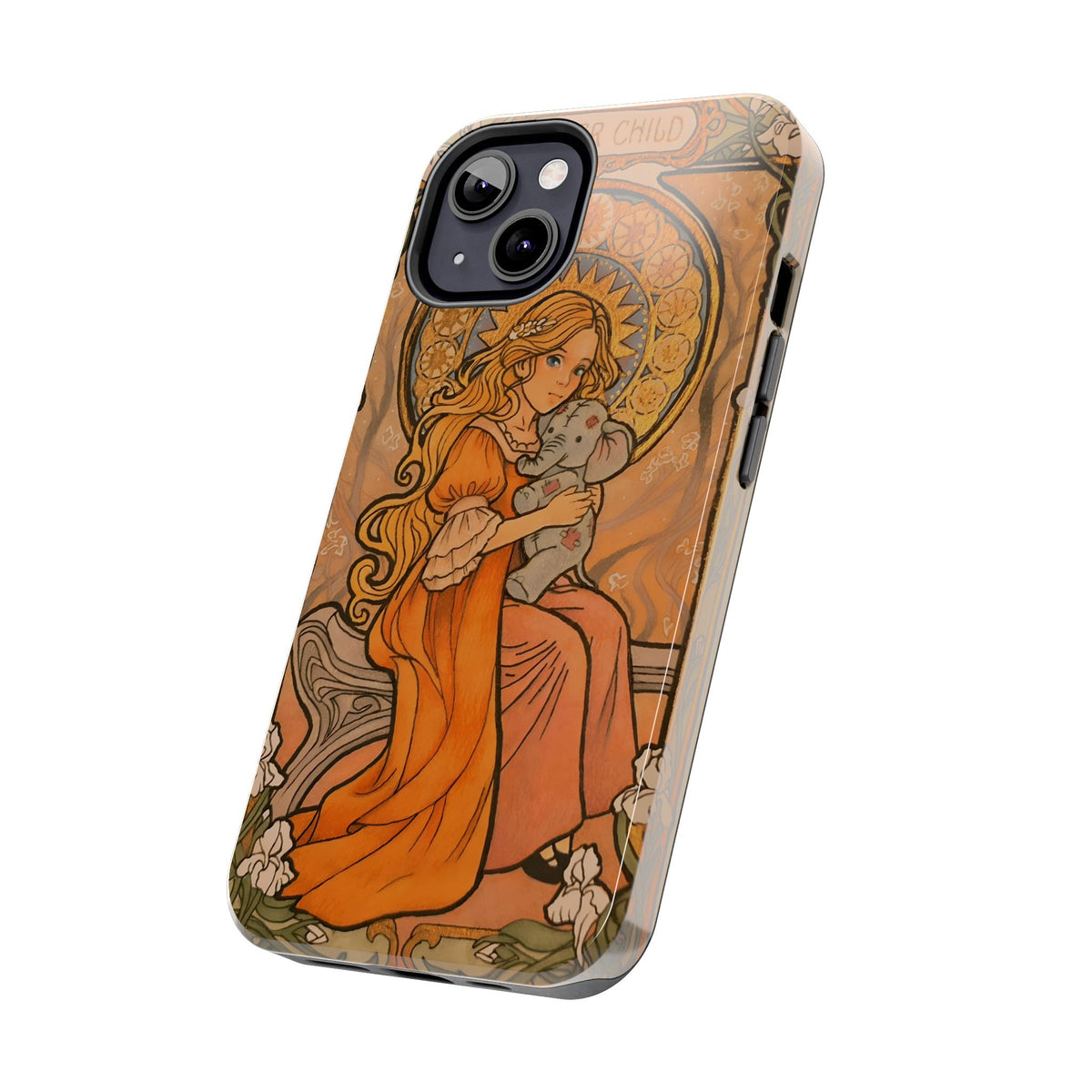 Inner Child tough phone case: girl in an orange dress holding a small gray elephant under a golden halo