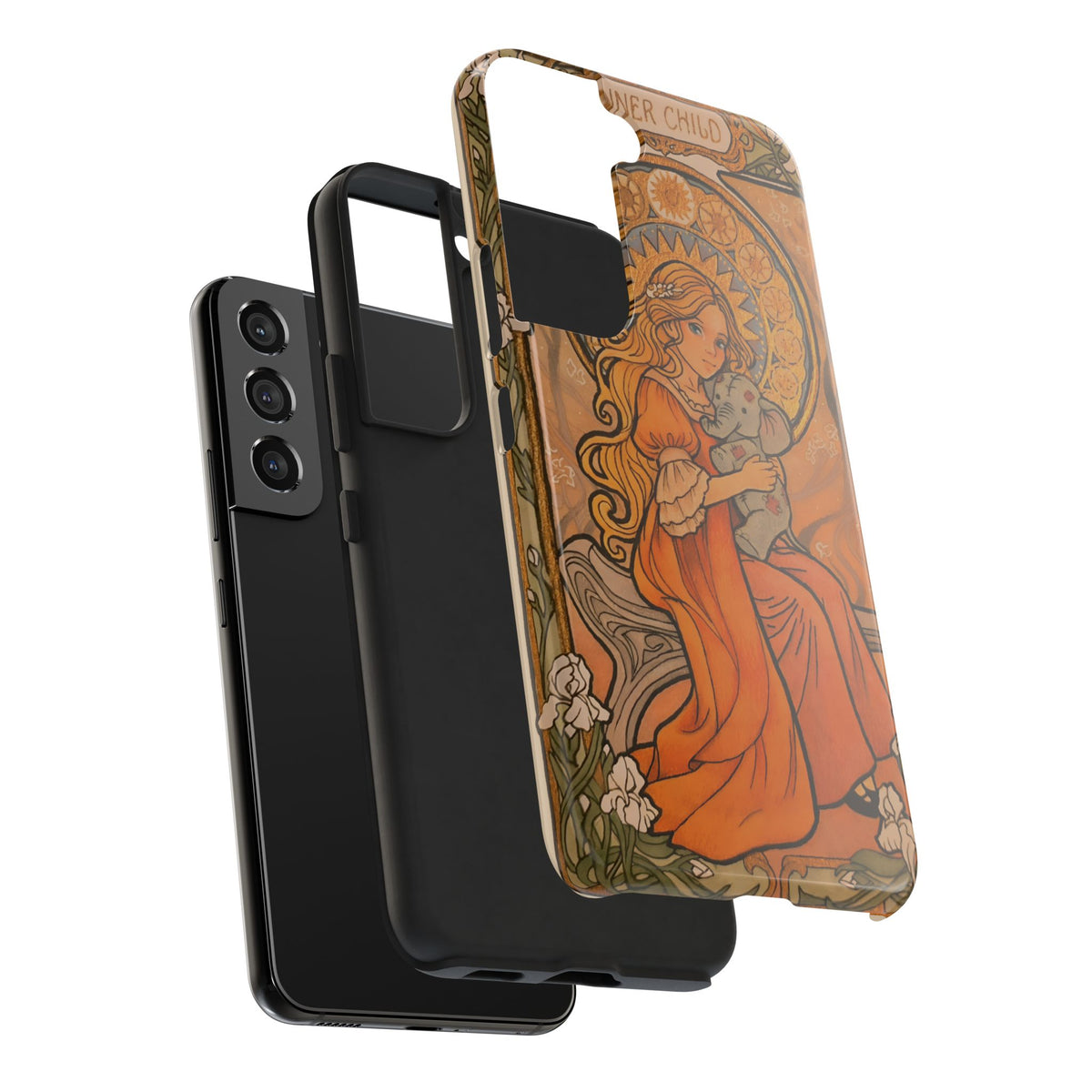 Inner Child tough phone case: girl in an orange dress holding a small gray elephant under a golden halo