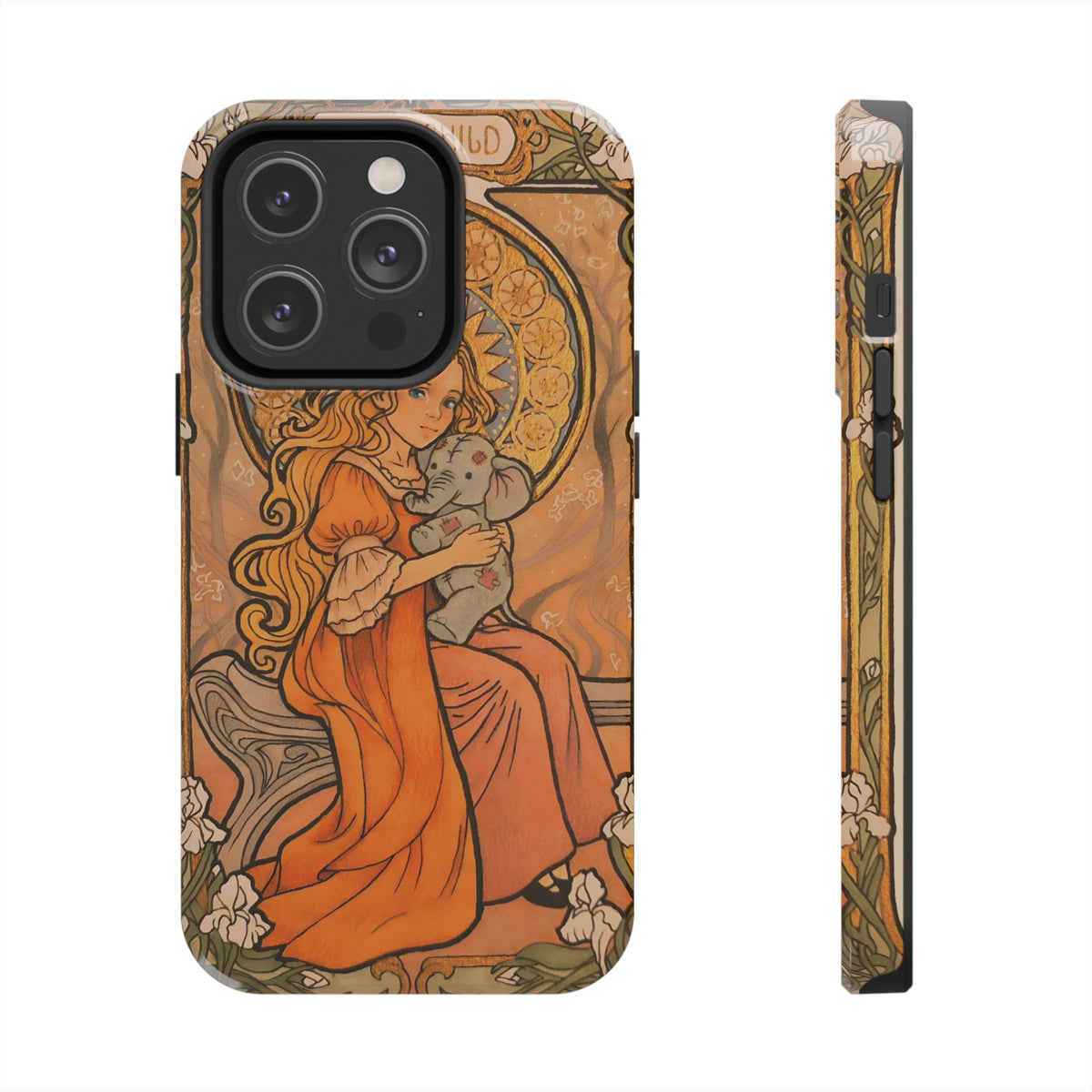Inner Child tough phone case: girl in an orange dress holding a small gray elephant under a golden halo