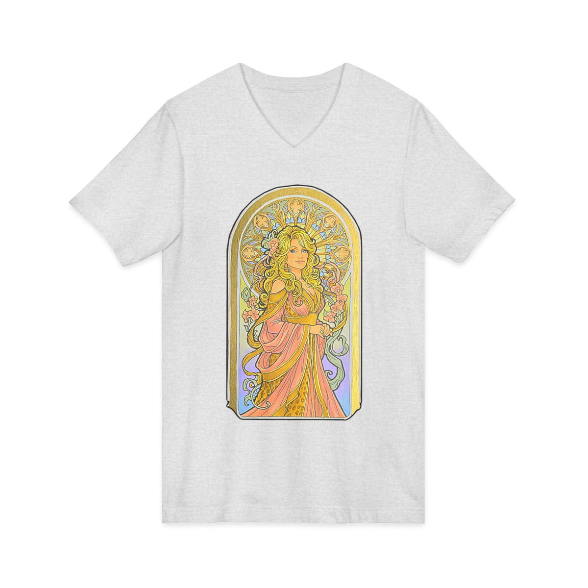 Art Nouveau goddess V-neck tee: flower-crowned woman in a pink gown in a stained-glass arch