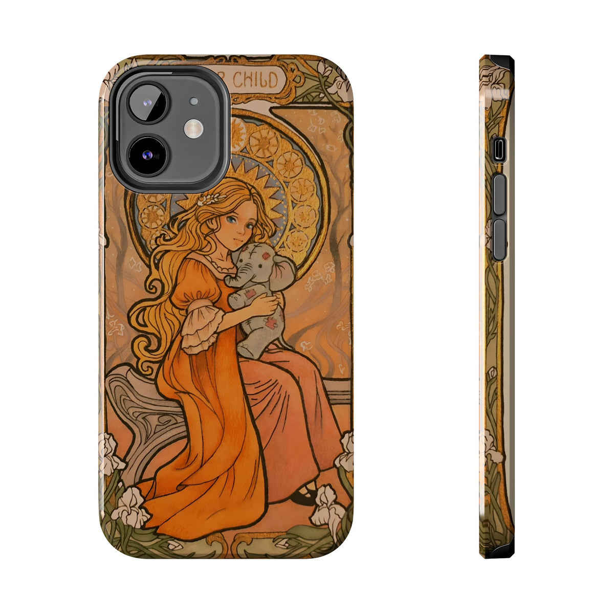 Inner Child tough phone case: girl in an orange dress holding a small gray elephant under a golden halo