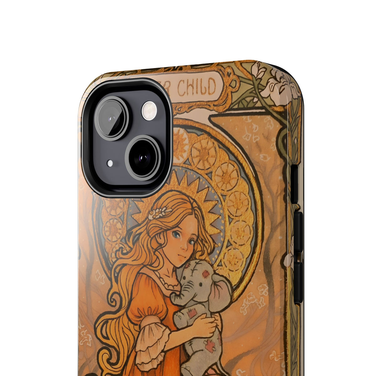 Inner Child tough phone case: girl in an orange dress holding a small gray elephant under a golden halo