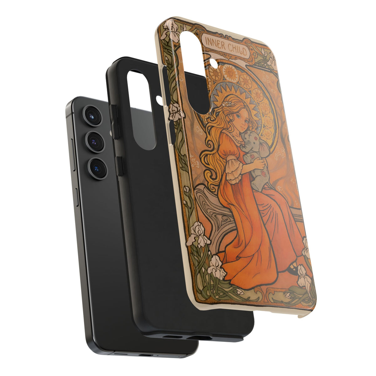 Inner Child tough phone case: girl in an orange dress holding a small gray elephant under a golden halo