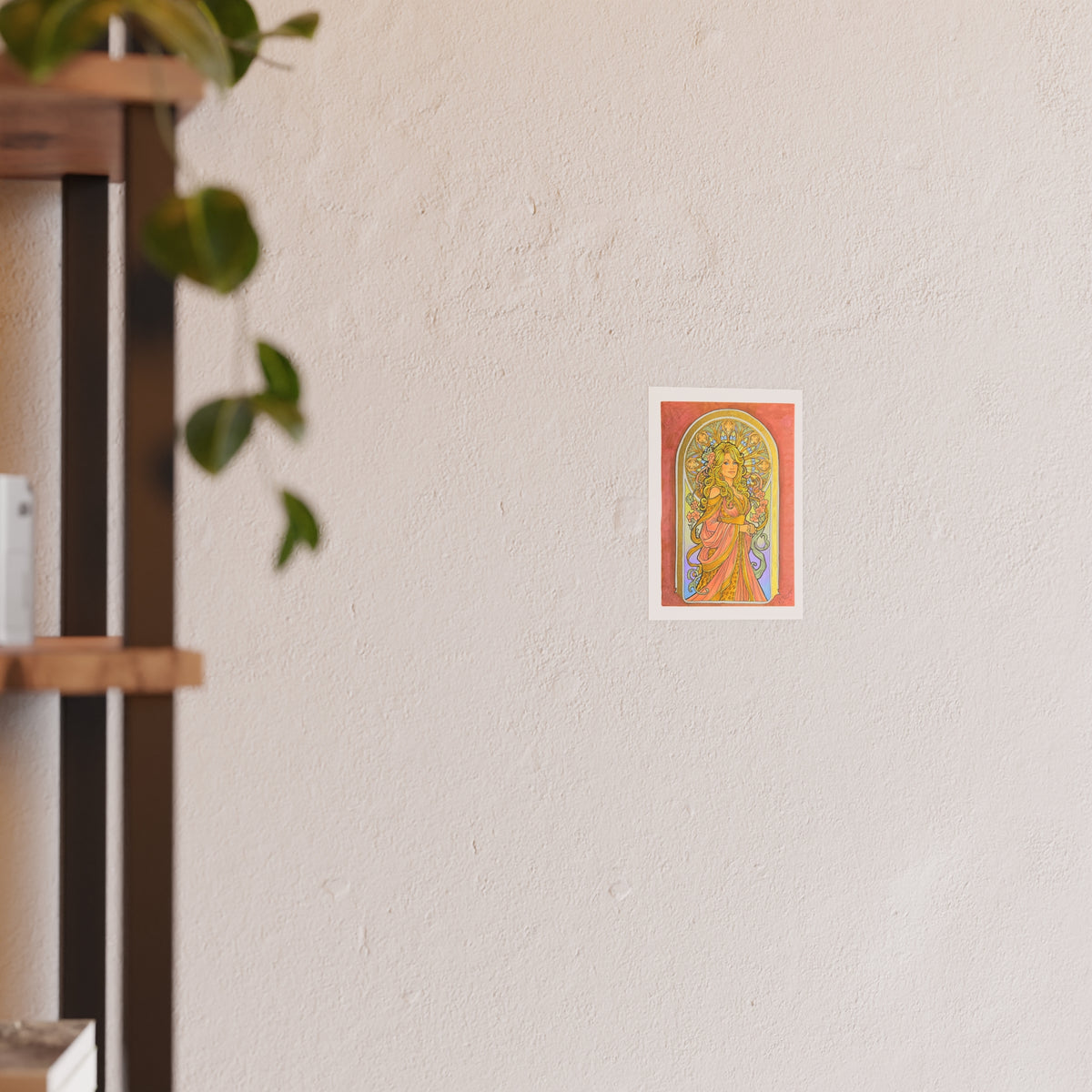 Art Nouveau goddess poster: flower-crowned woman in a pink gown in a peach and gold stained-glass arch