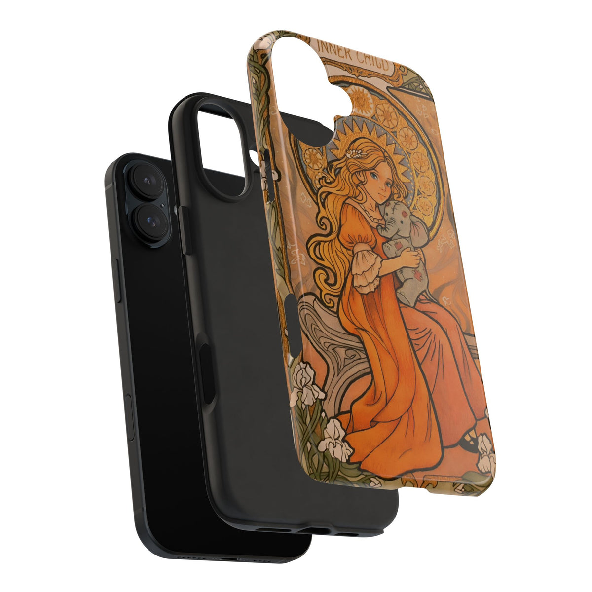 Inner Child tough phone case: girl in an orange dress holding a small gray elephant under a golden halo