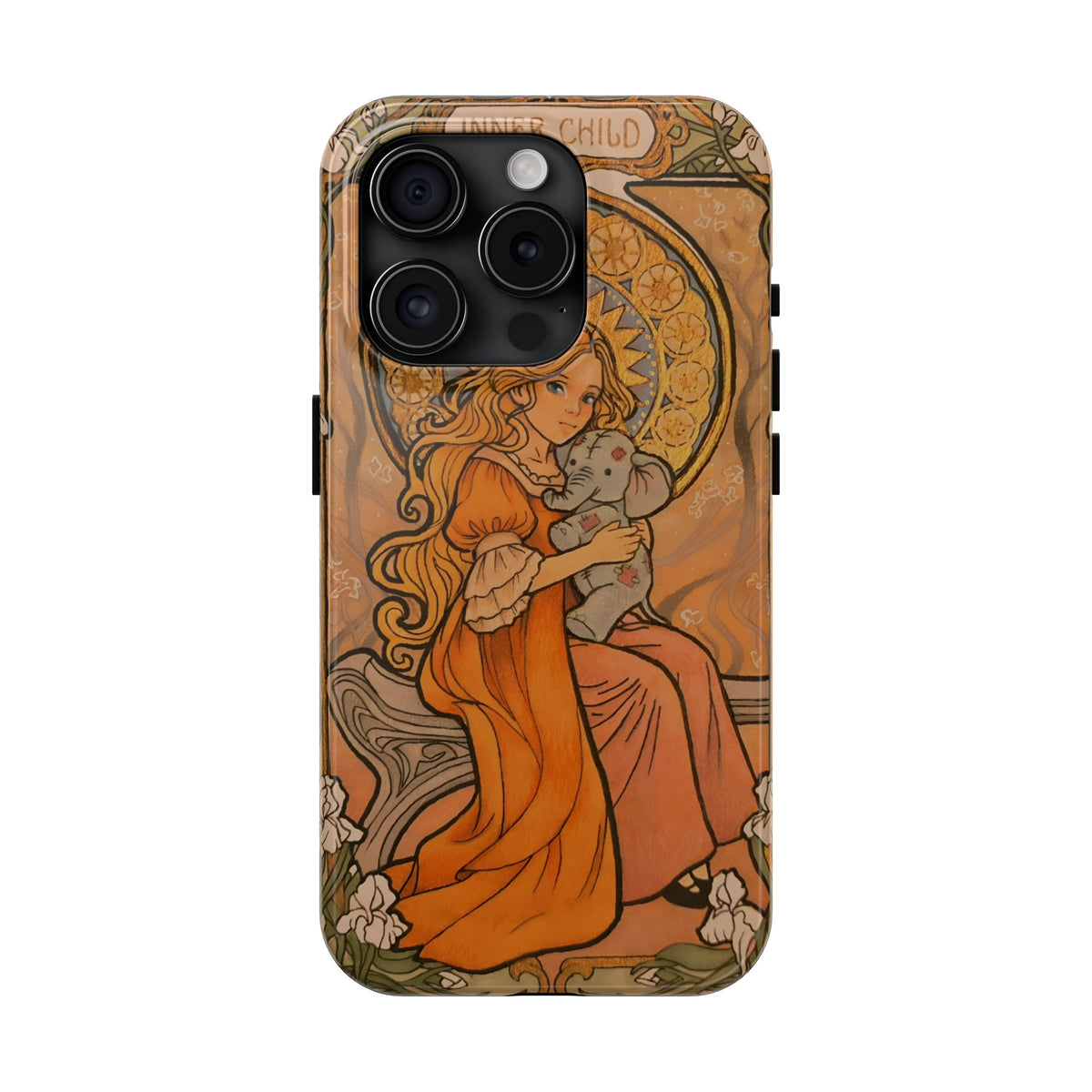 Inner Child tough phone case: girl in an orange dress holding a small gray elephant under a golden halo