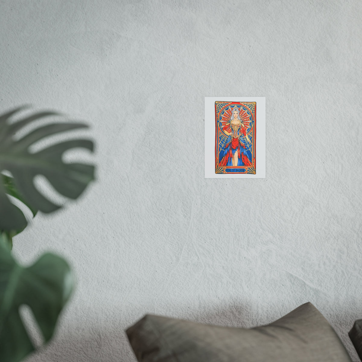 King of Swords tarot poster: silver-haired figure in a red and blue gown with a spiderweb halo