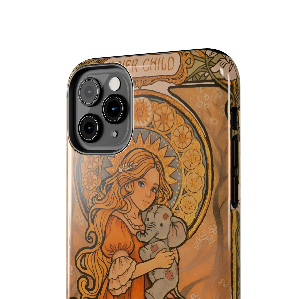 Inner Child tough phone case: girl in an orange dress holding a small gray elephant under a golden halo