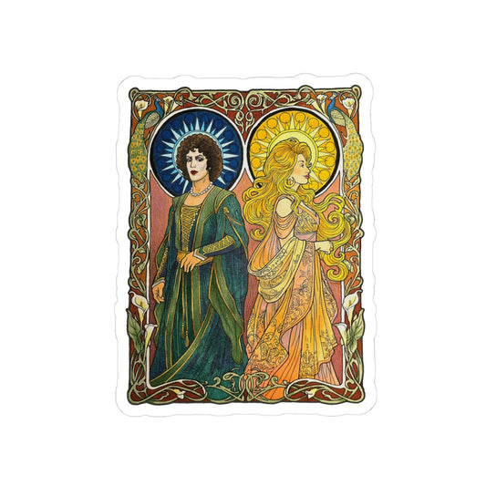 Sun and Moon Saints kiss-cut sticker of two haloed saints in green and gold robes
