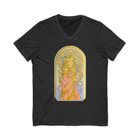 Art Nouveau goddess V-neck tee: flower-crowned woman in a pink gown in a stained-glass arch