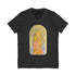 Art Nouveau goddess V-neck tee: flower-crowned woman in a pink gown in a stained-glass arch
