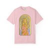 Art Nouveau goddess T-shirt: flower-crowned woman in a pink gown in a stained-glass arch