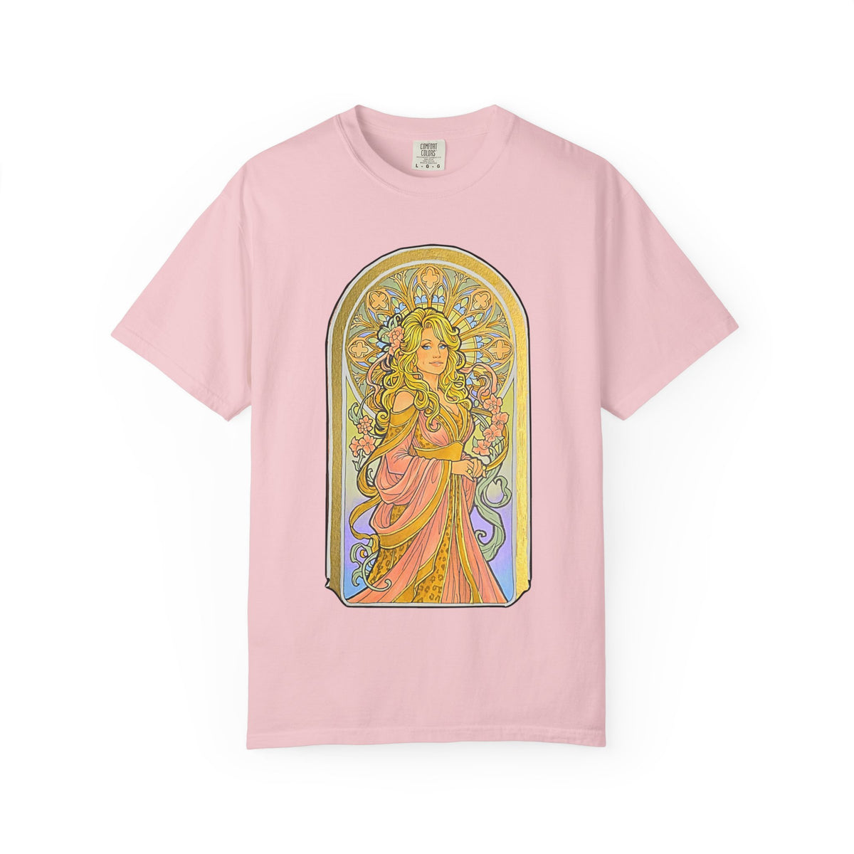Art Nouveau goddess T-shirt: flower-crowned woman in a pink gown in a stained-glass arch
