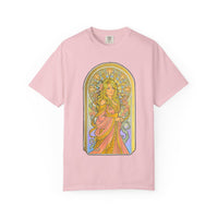 Art Nouveau goddess T-shirt: flower-crowned woman in a pink gown in a stained-glass arch