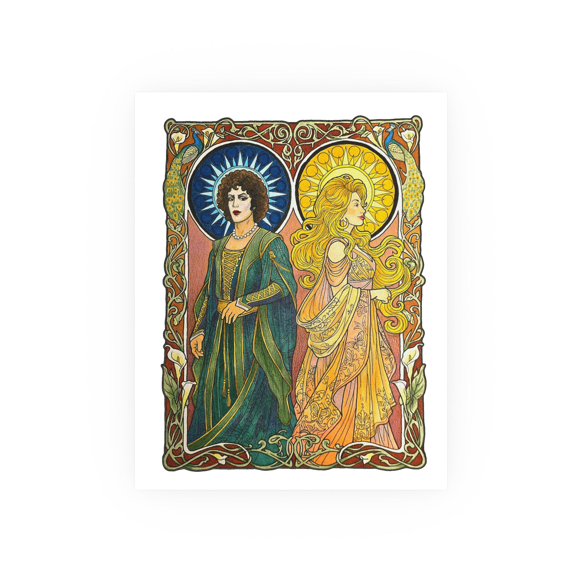 Sun and Moon Saints poster print: two haloed saints in green and gold robes framed by peacocks and lilies