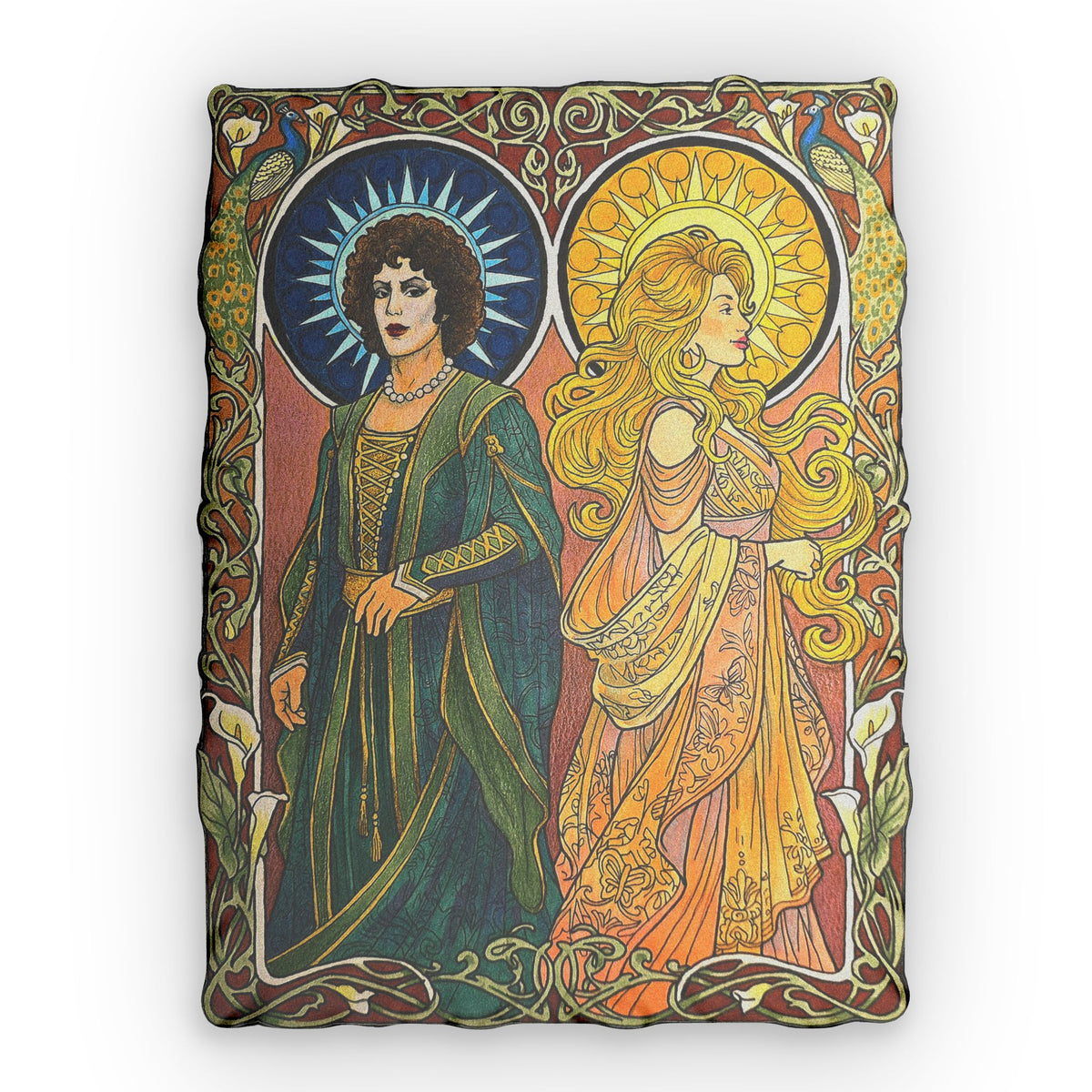 Shaped pillow printed with the Sun and Moon Saints: two haloed saints in green and gold robes