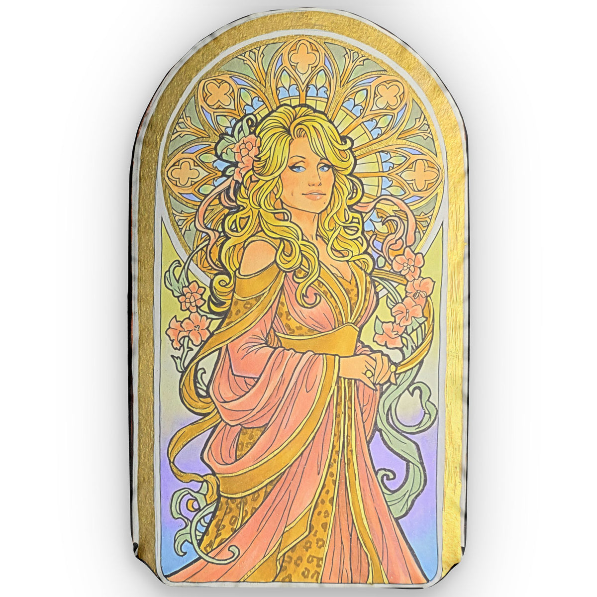 Arched shaped pillow with an Art Nouveau goddess: flower-crowned woman in a pink gown
