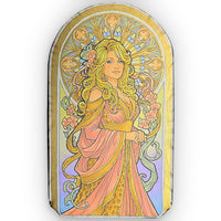 Arched shaped pillow with an Art Nouveau goddess: flower-crowned woman in a pink gown