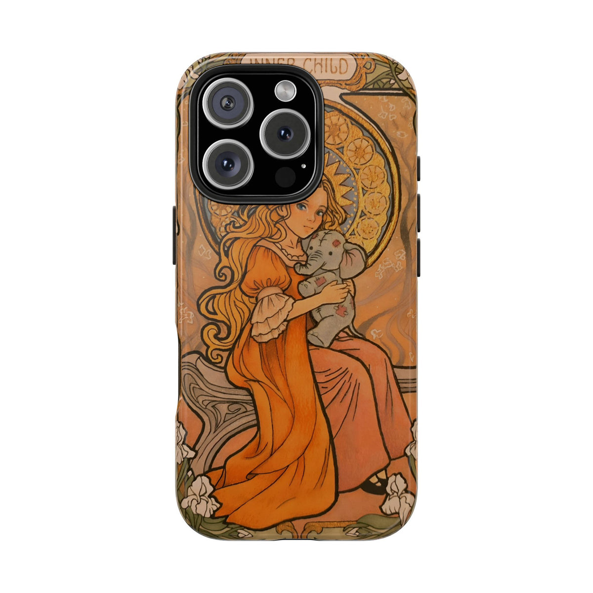 Inner Child tough phone case: girl in an orange dress holding a small gray elephant under a golden halo