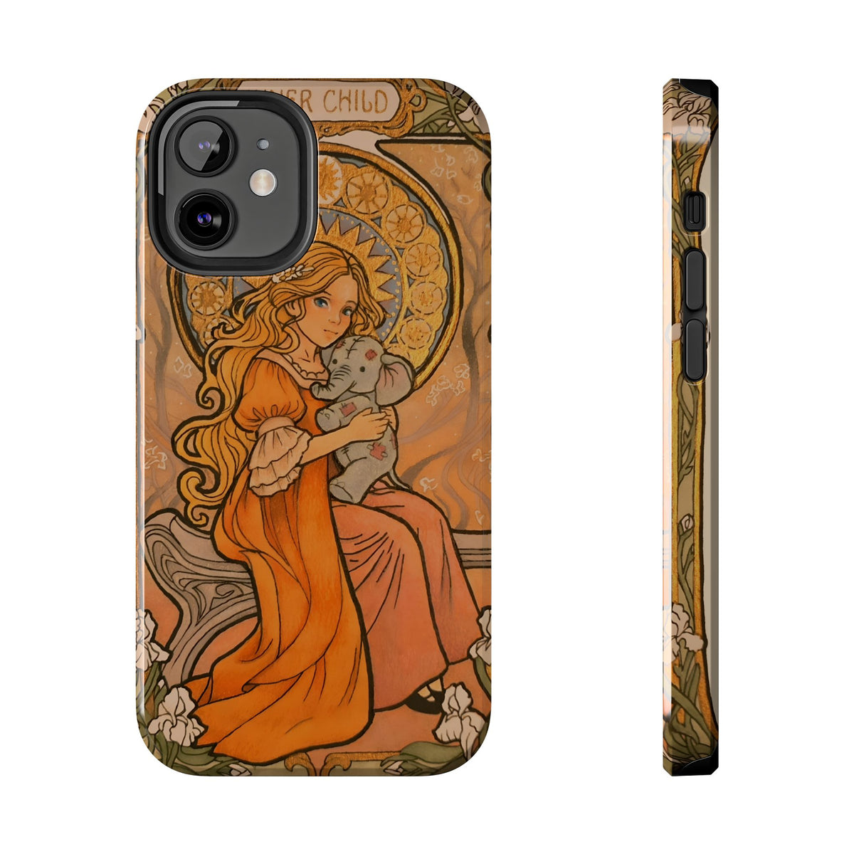 Inner Child tough phone case: girl in an orange dress holding a small gray elephant under a golden halo