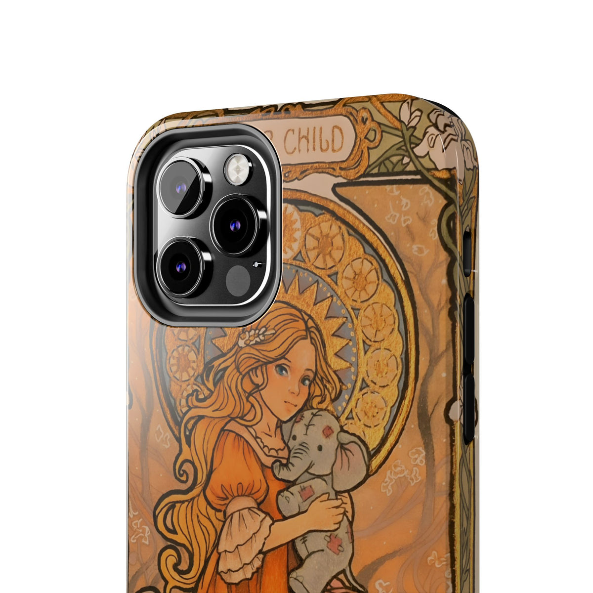 Inner Child tough phone case: girl in an orange dress holding a small gray elephant under a golden halo