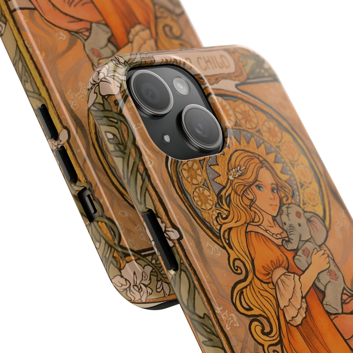 Inner Child tough phone case: girl in an orange dress holding a small gray elephant under a golden halo