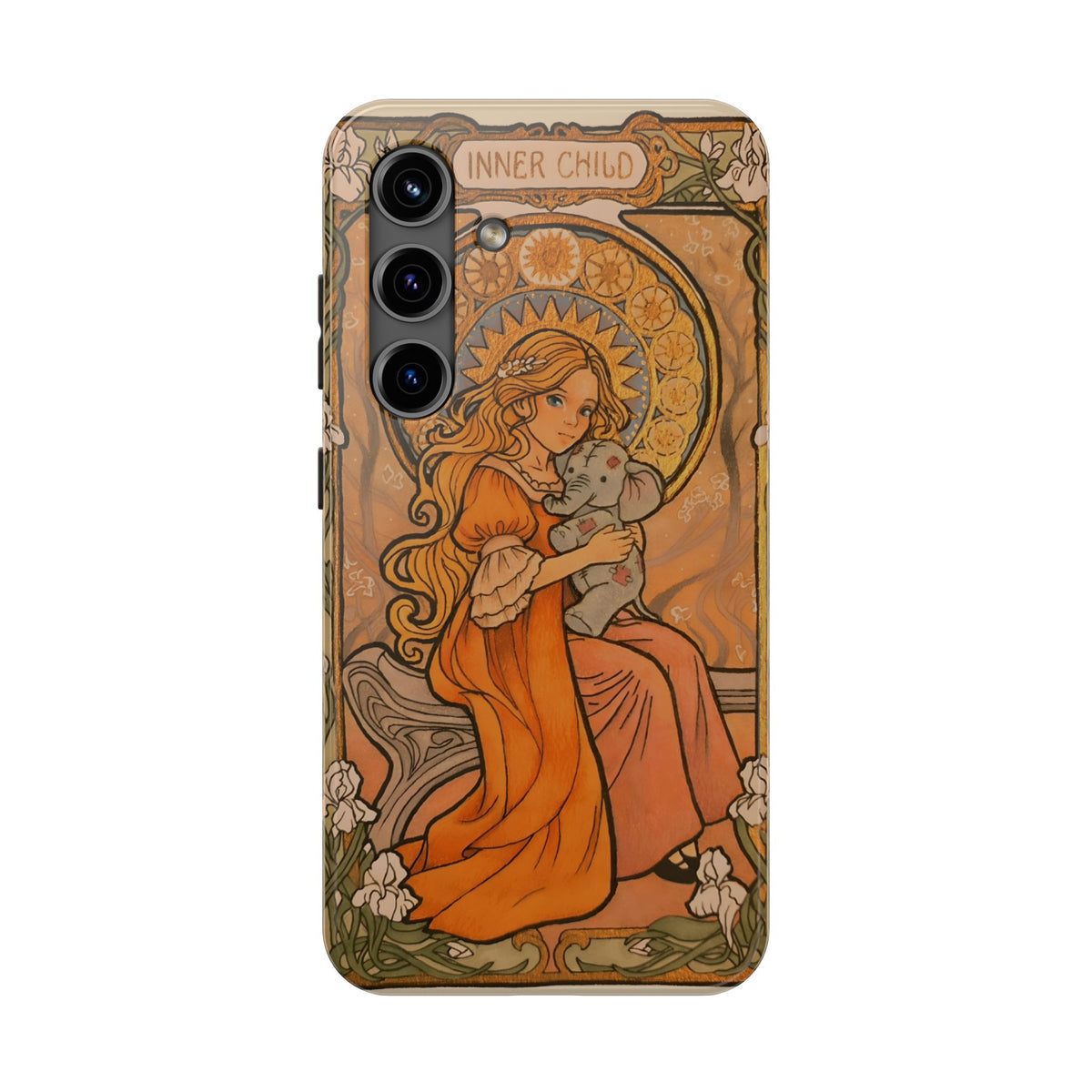 Inner Child tough phone case: girl in an orange dress holding a small gray elephant under a golden halo