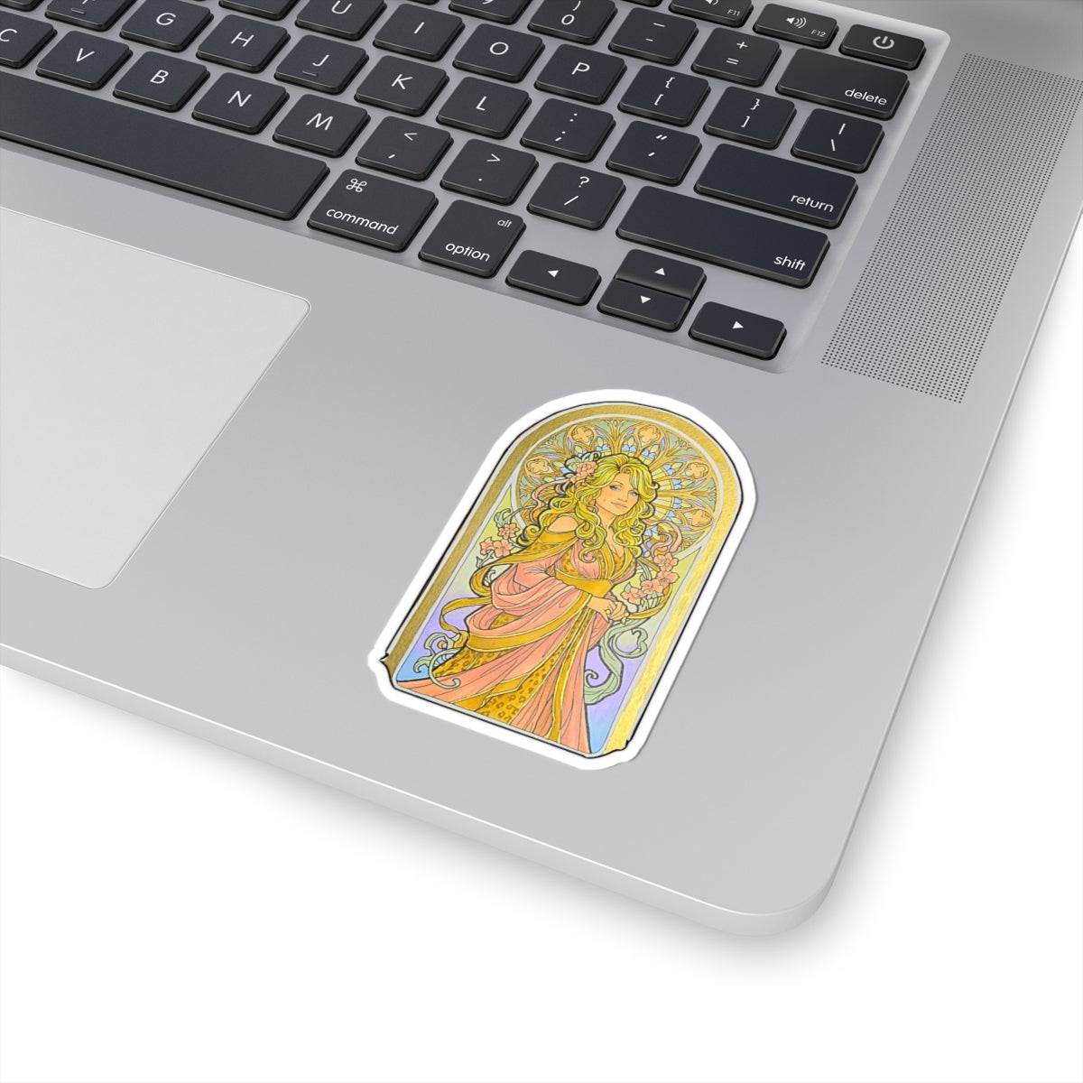 Art Nouveau goddess kiss-cut sticker: flower-crowned woman in a pink gown in a stained-glass arch