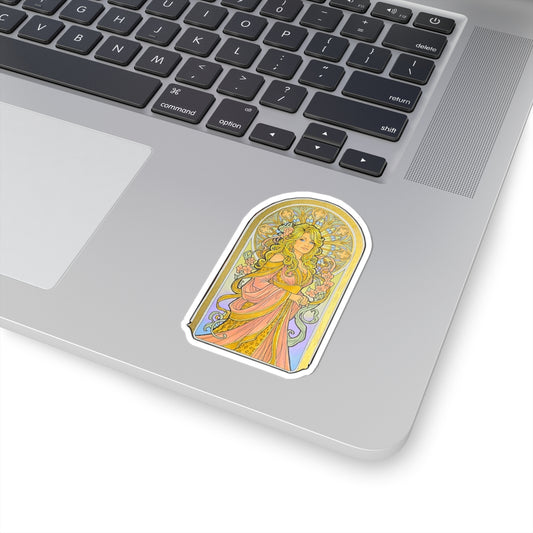 Art Nouveau goddess kiss-cut sticker: flower-crowned woman in a pink gown in a stained-glass arch