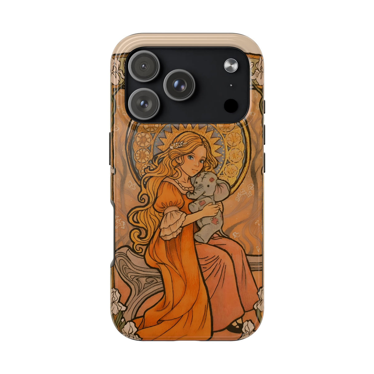 Inner Child tough phone case: girl in an orange dress holding a small gray elephant under a golden halo