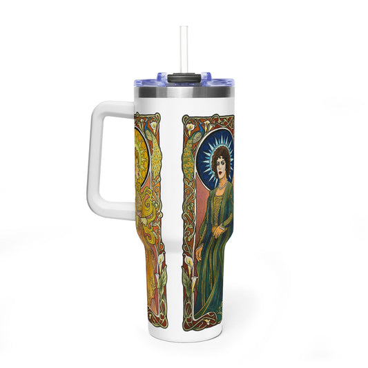 Sun and Moon Saints 40oz tumbler wrapped in two haloed saints in green and gold robes