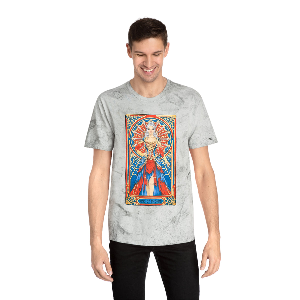 Tee with King of Swords tarot art: silver-haired figure in a red and blue gown with a spiderweb halo