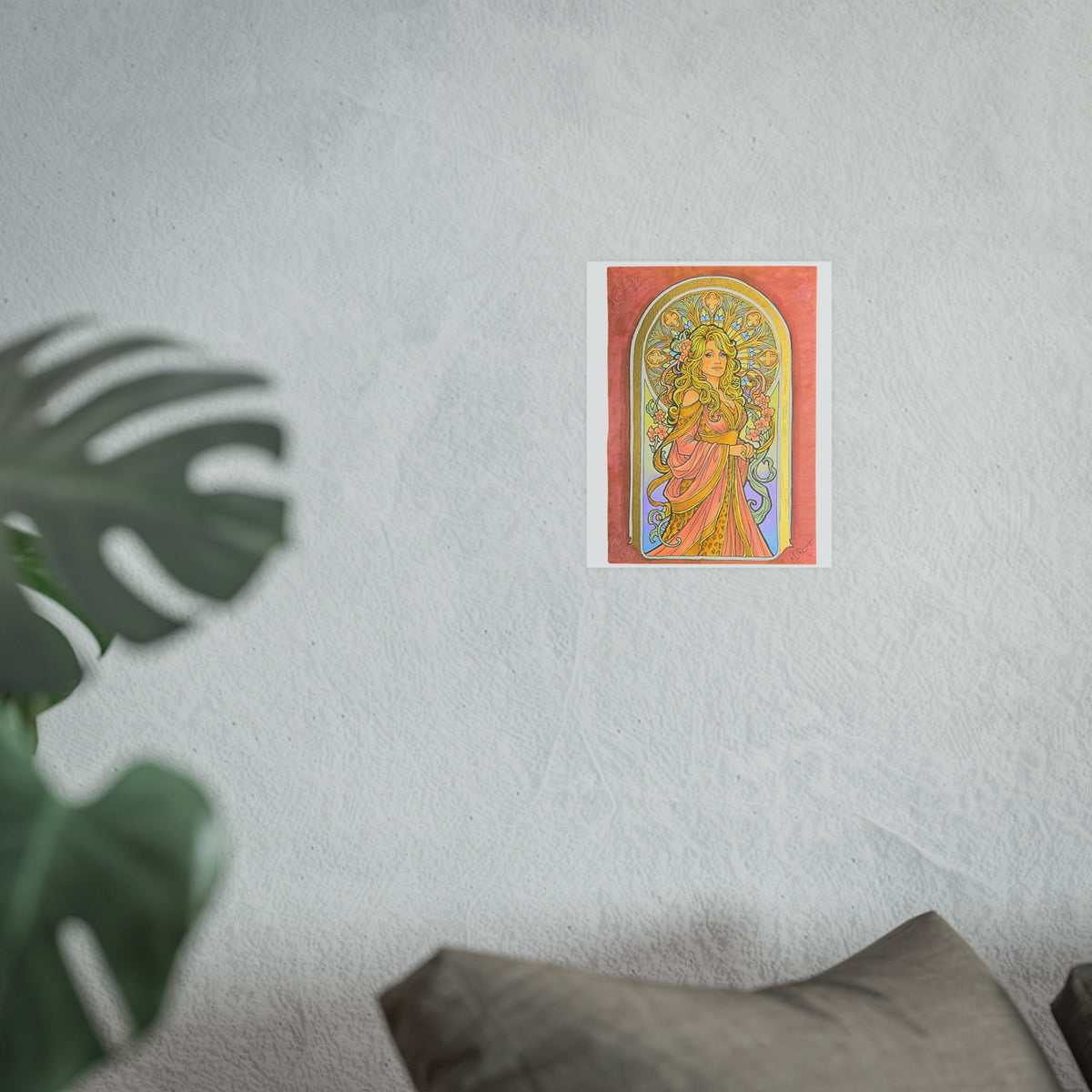 Art Nouveau goddess poster: flower-crowned woman in a pink gown in a peach and gold stained-glass arch