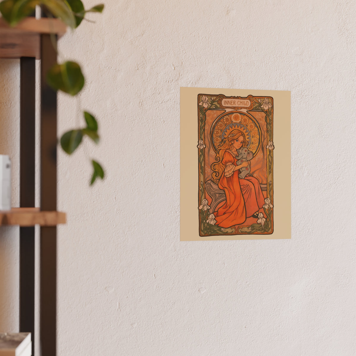 Inner Child poster: girl in an orange dress holding a small gray elephant under a golden halo