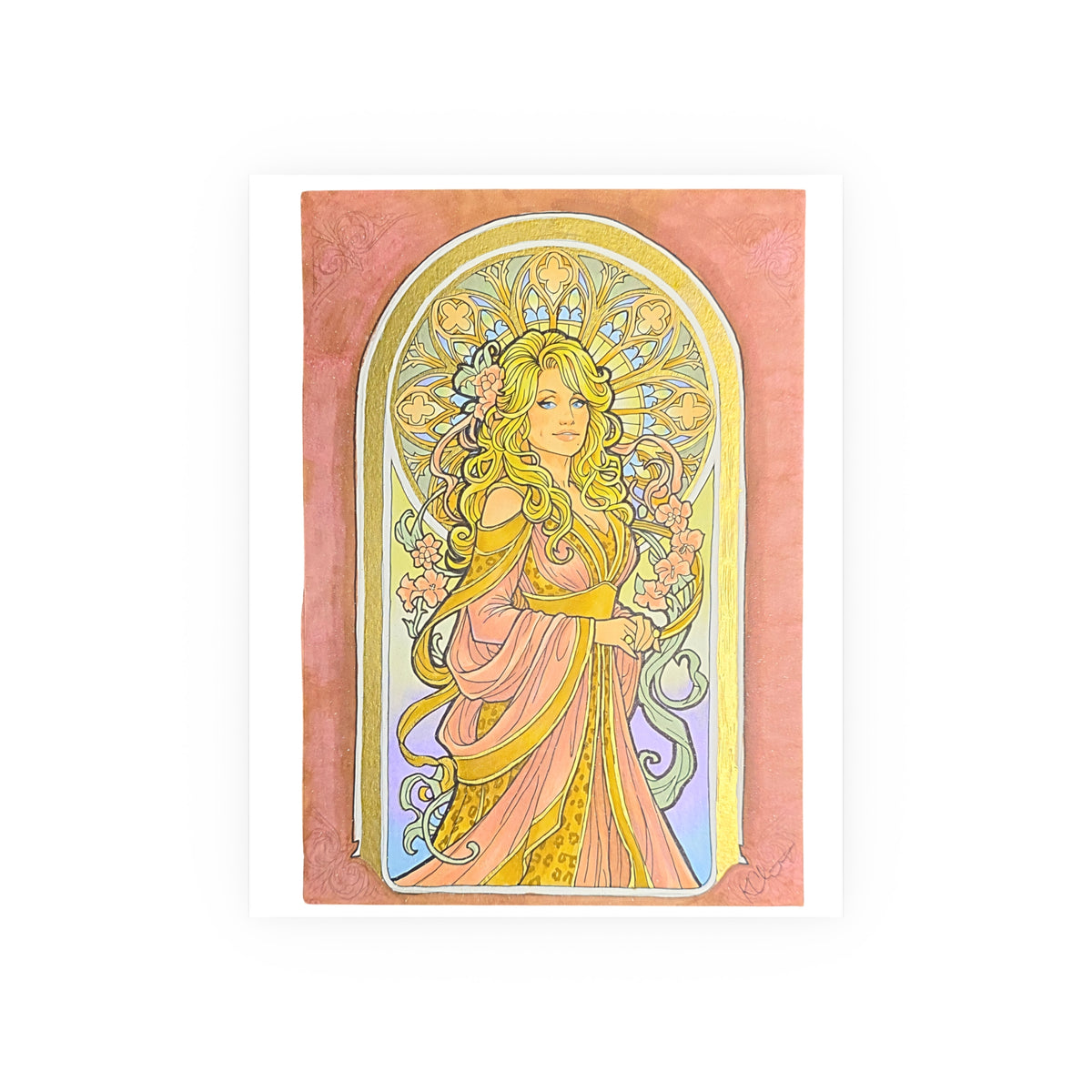 Art Nouveau goddess poster: flower-crowned woman in a pink gown in a peach and gold stained-glass arch