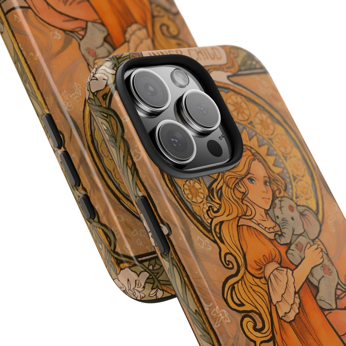 Inner Child tough phone case: girl in an orange dress holding a small gray elephant under a golden halo